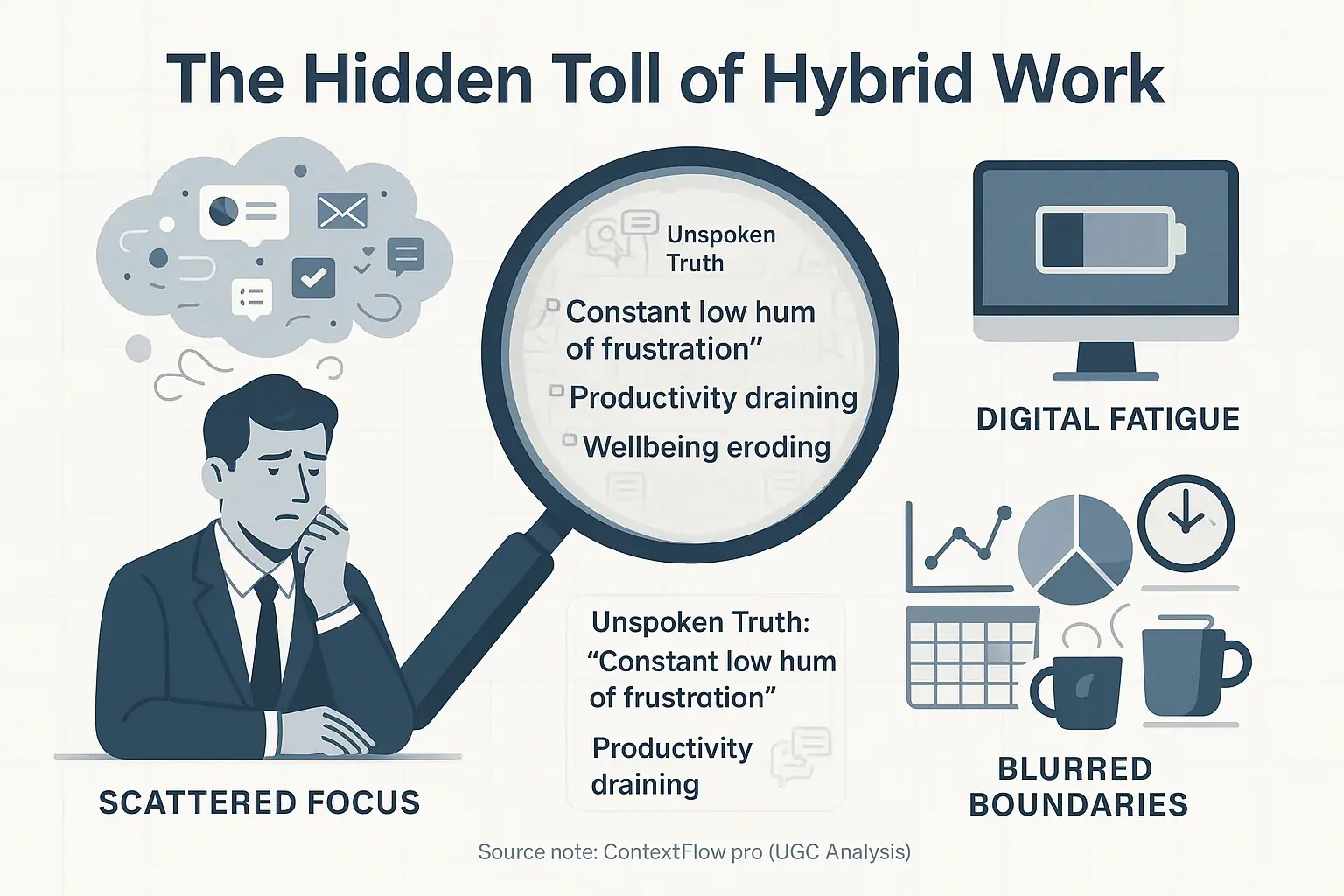 Infographic: Magnifying glass reveals hybrid work's hidden toll via user quotes on fatigue, focus, work-life blur.