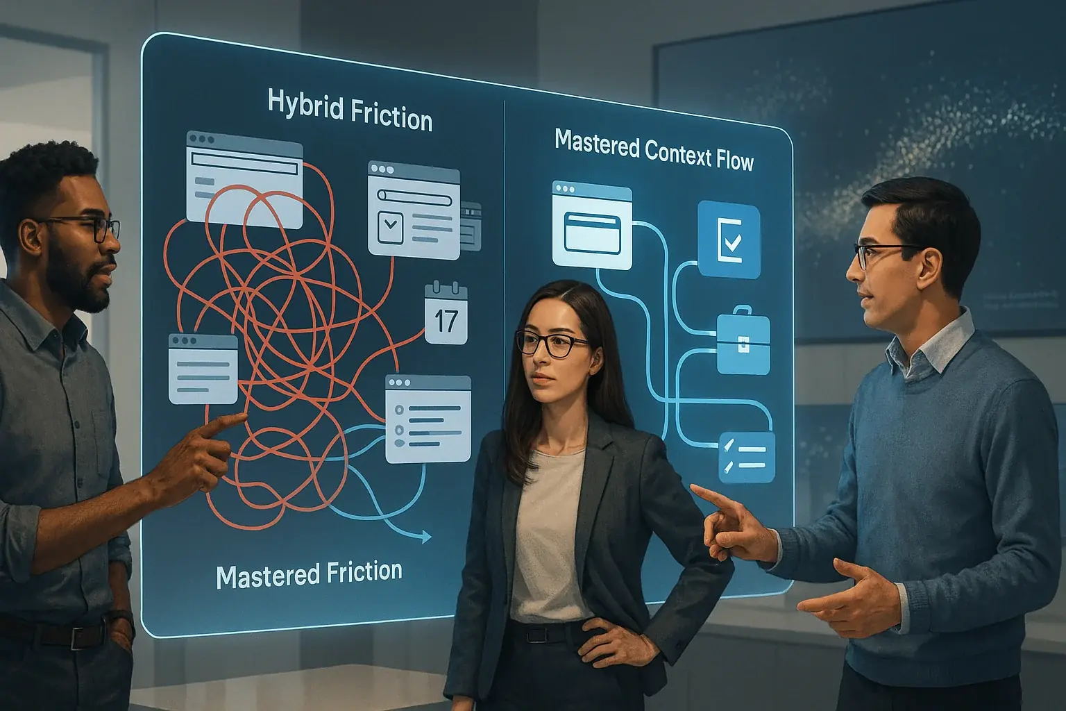 Diverse ContextFlow.pro analysts co-create a hybrid workflow diagram, using data to unfriction hybrid work.