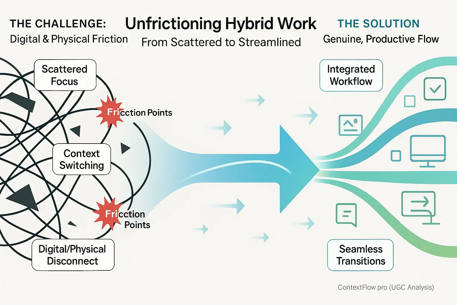 Abstract infographic: arrows & shapes unfrictioning a hybrid digital-physical workflow for real, smooth flow.