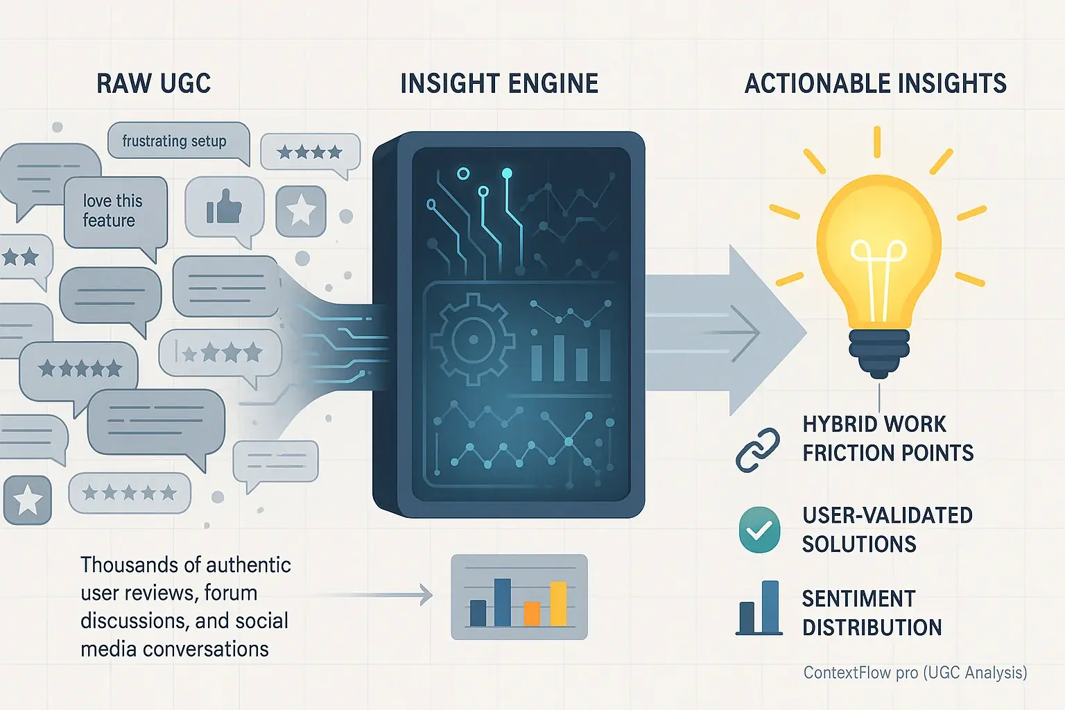 Infographic: Insight Engine analyzes raw user reviews (bubbles), revealing actionable truths (lightbulb) through data charts.