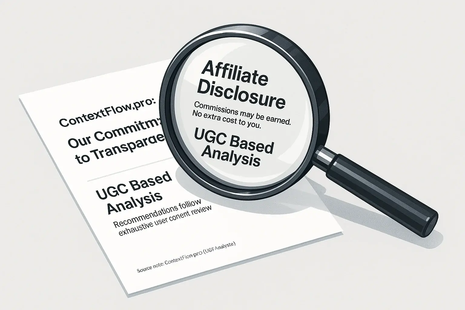 Transparent magnifying glass reveals 'Affiliate Disclosure' & 'UGC Based' text, symbolizing transparent recommendations.