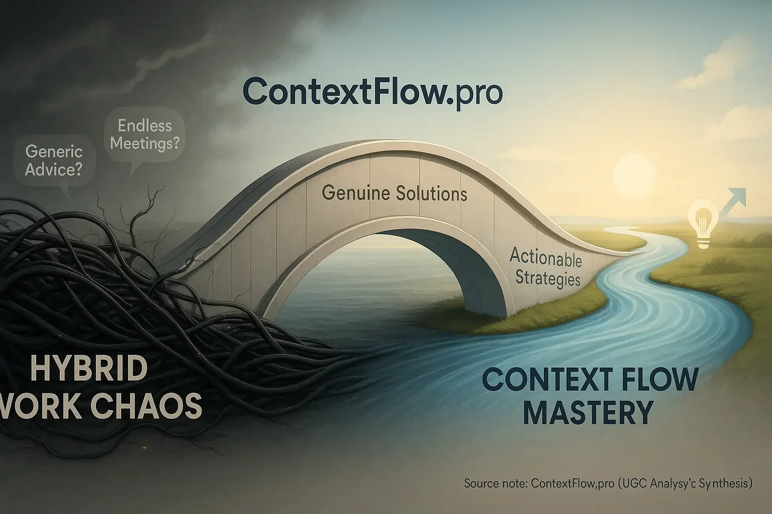 Infographic: Tangled wires of hybrid work chaos untangle into a smooth river of mastery, guided by ContextFlow.pro.