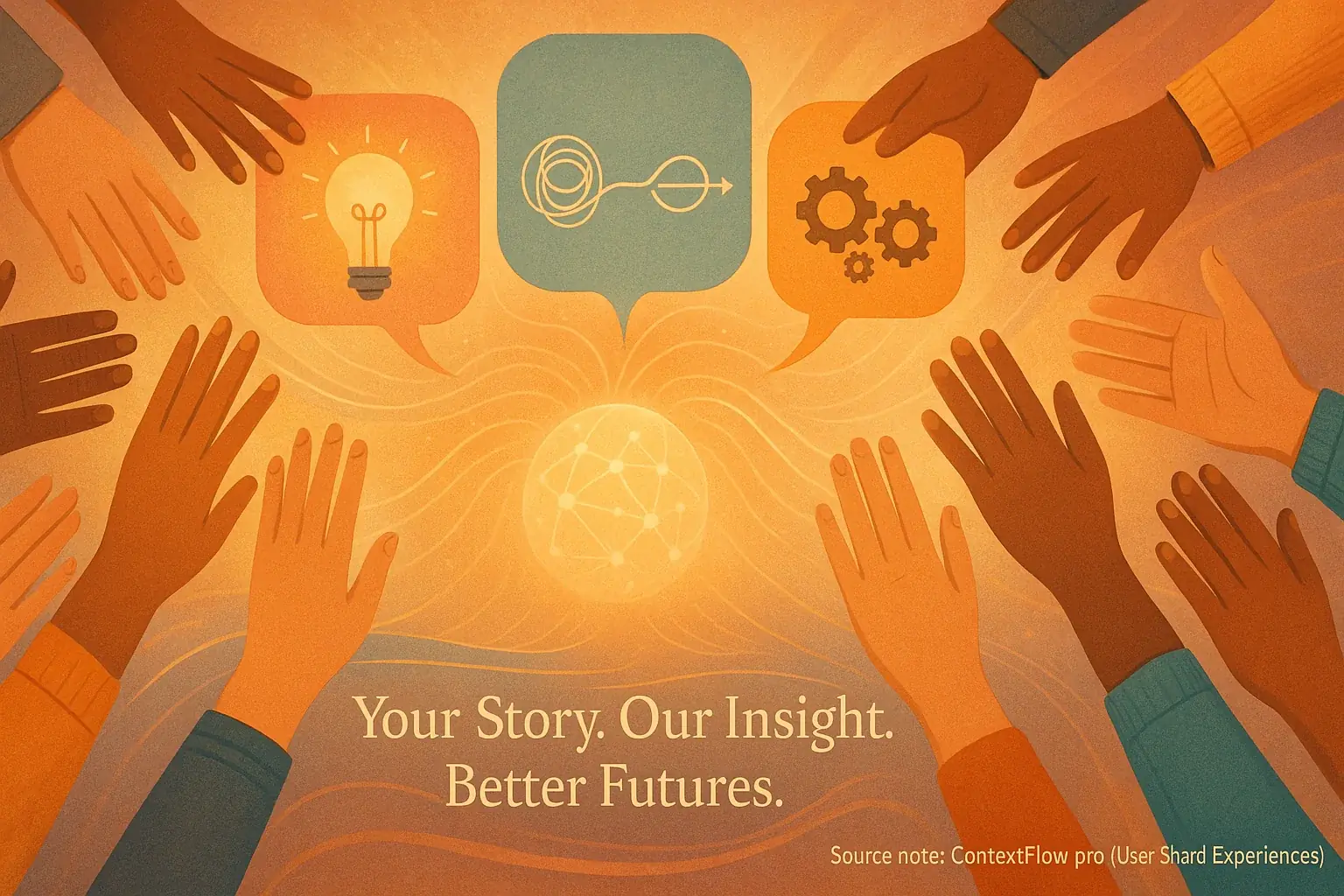 Diverse hands reach out to connect, with speech bubbles, fostering collaborative hybrid work story sharing.