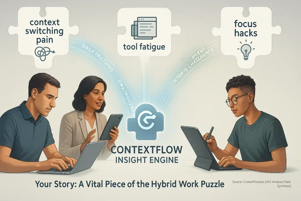 Diverse hybrid workers contribute work insights, fueling the ContextFlow Insight Engine for collective knowledge and