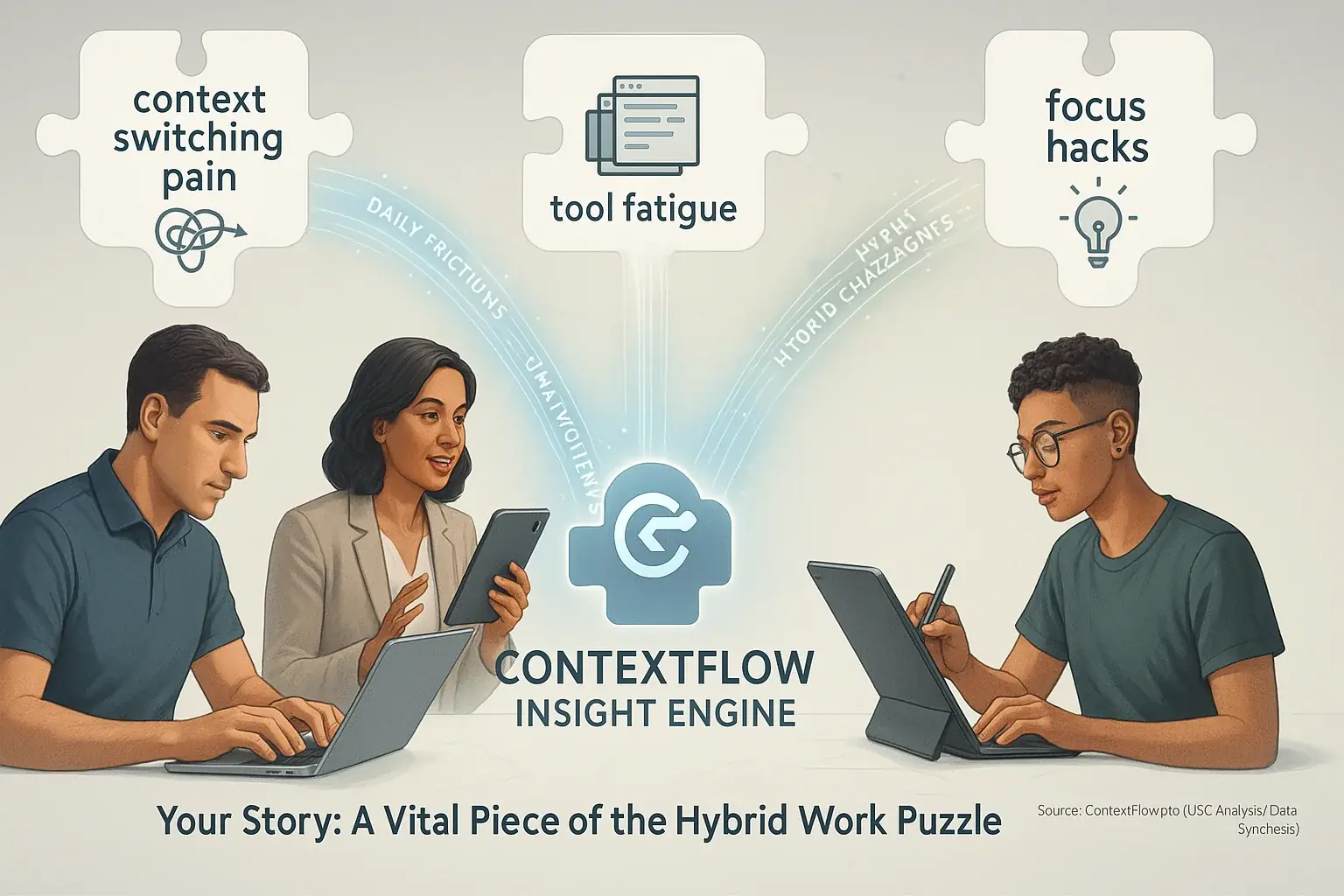 Diverse hybrid workers contribute work insights, fueling the ContextFlow Insight Engine for collective knowledge and