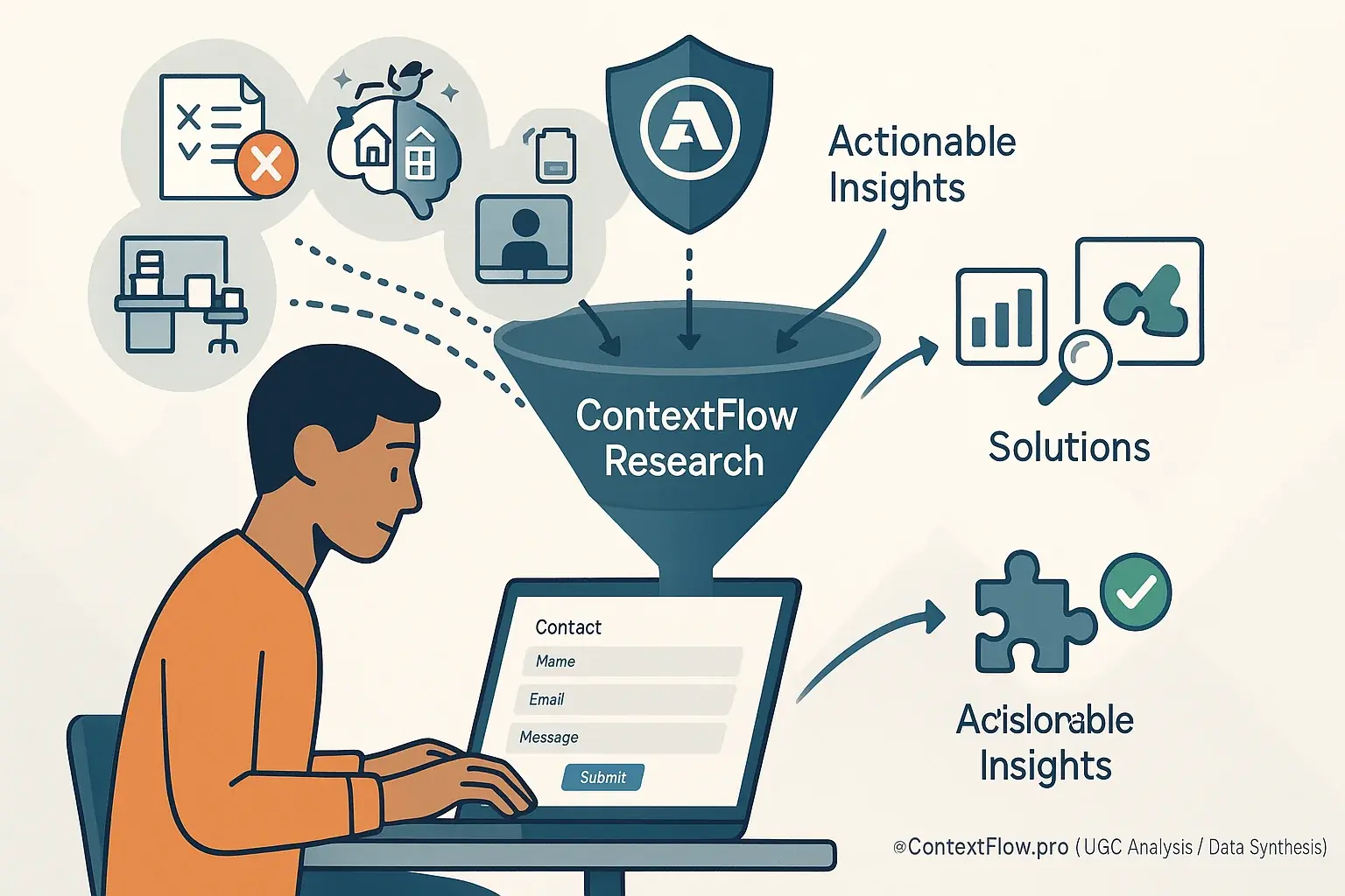 User's shared hybrid work challenges flow into the ContextFlow Research funnel, transforming into insights & solutions.