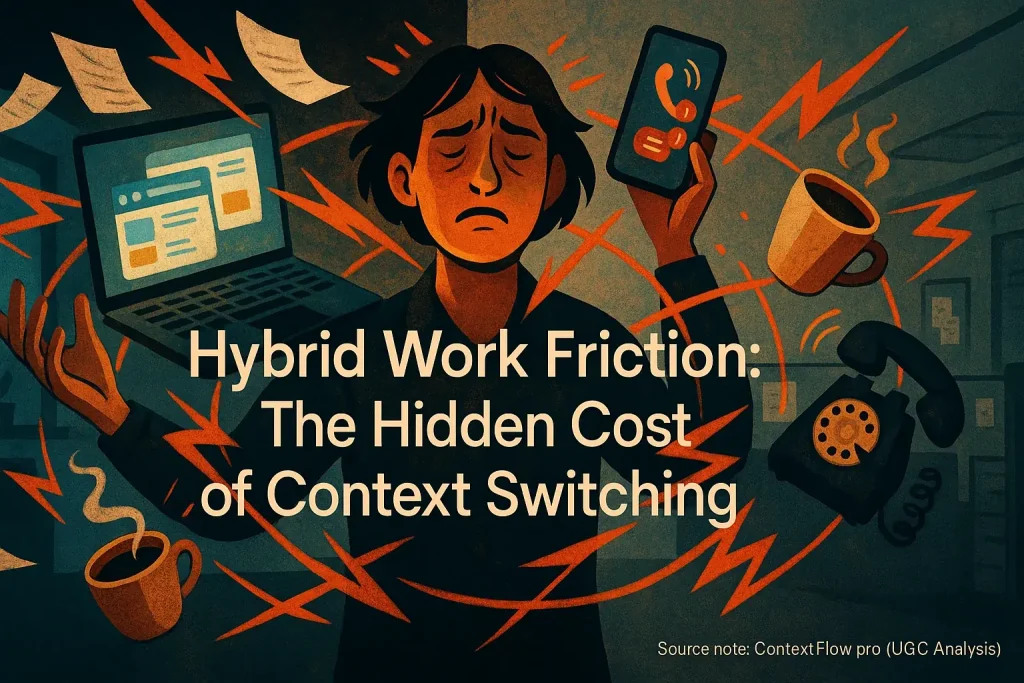 Infographic: Stressed person juggling tasks, arrows show disrupted flow, illustrating hybrid work friction's hidden cost.