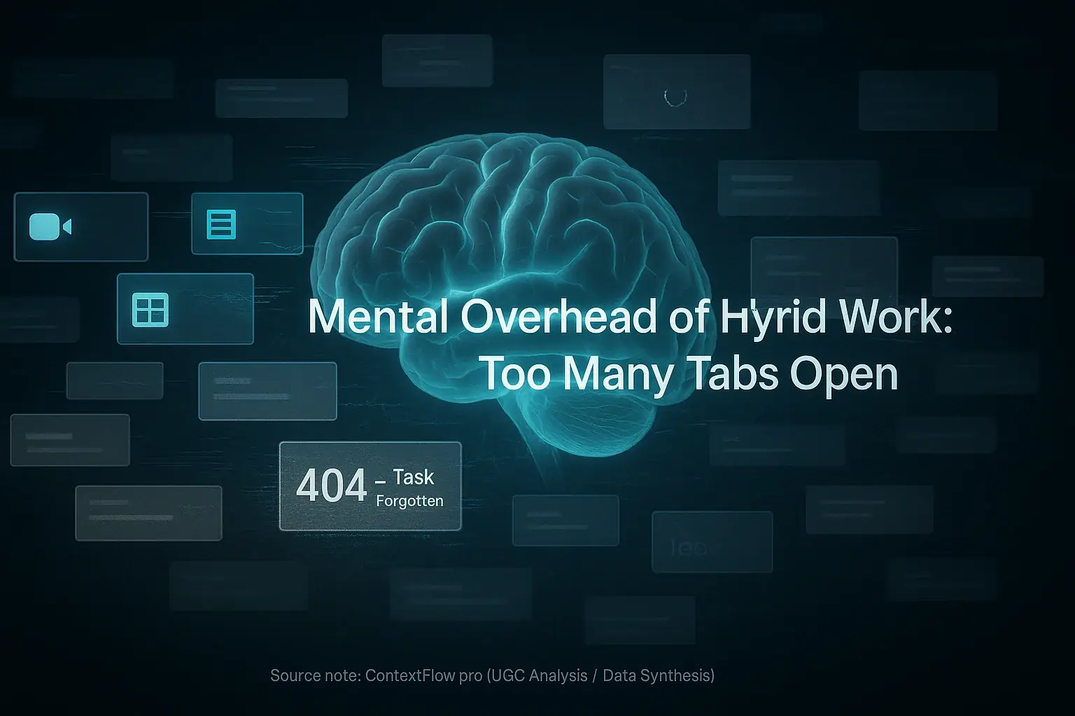 Stylized brain overwhelmed by open tabs, illustrating hybrid work's mental overhead and cognitive friction.