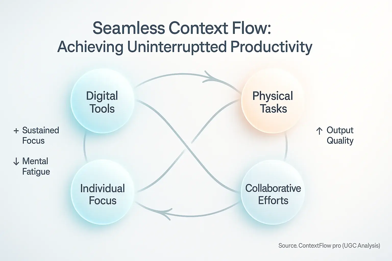 Infographic: Interconnected circles (tasks, tools, environments) & arrows show seamless context flow for uninterrupted