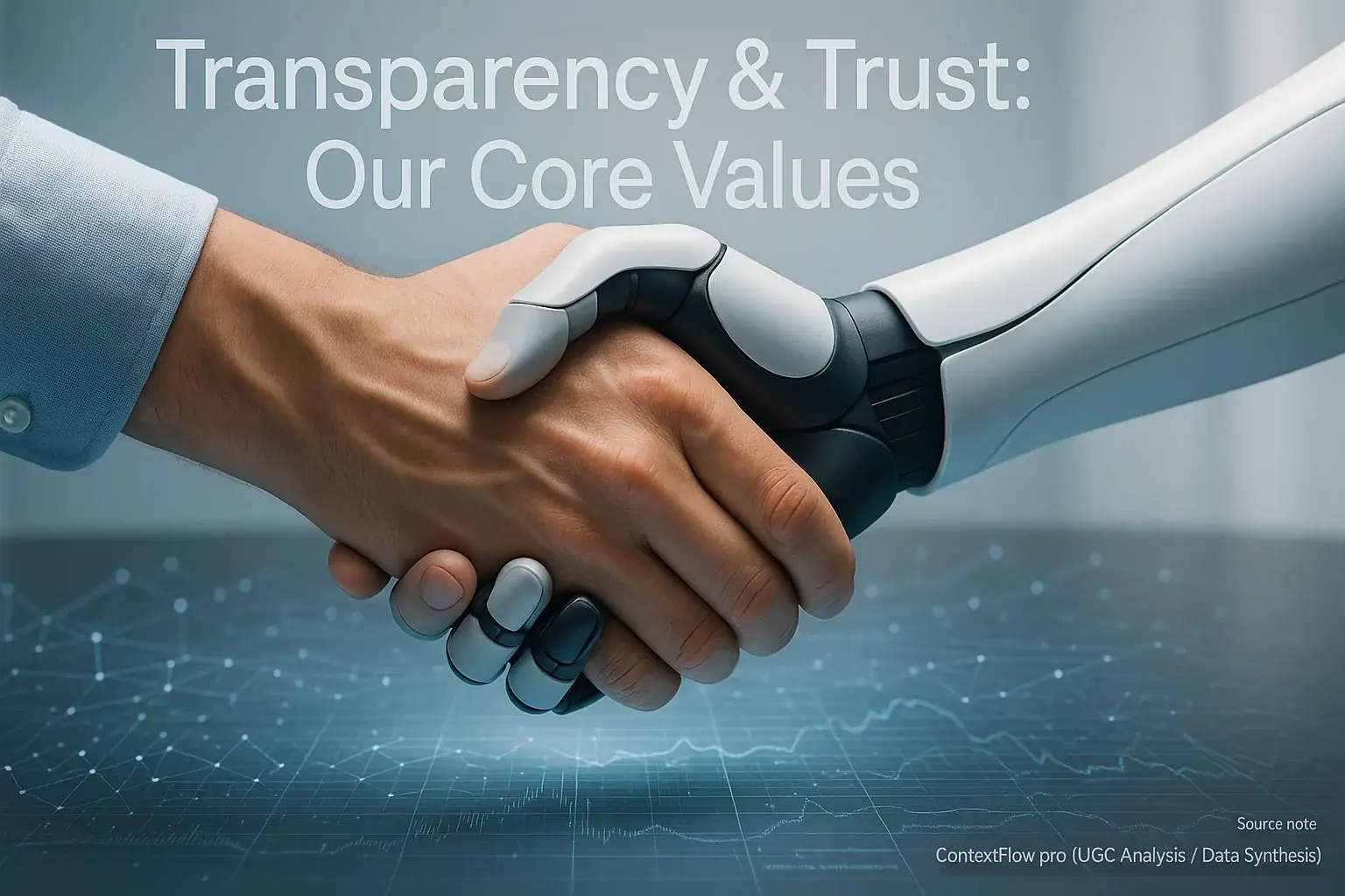 Human & user-focused robot hand shaking over data viz, affirming our commitment to 'Transparency & Trust: Our Core Values'.