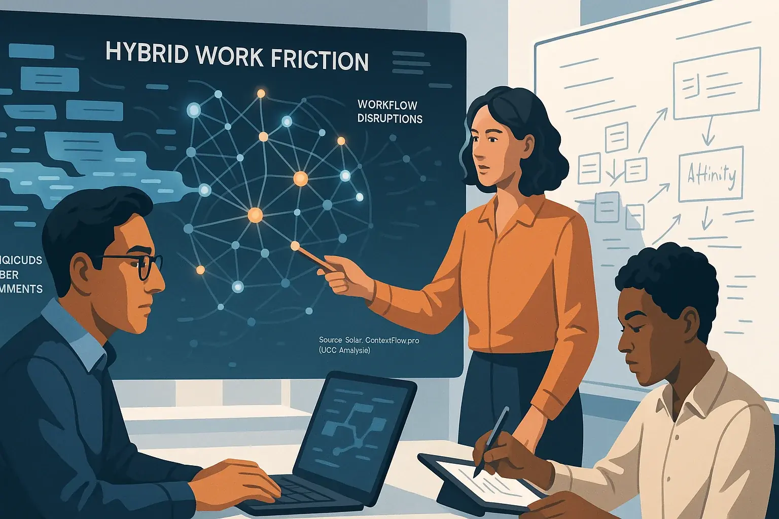 Diverse analysts in deep collaboration, visualizing hybrid work insights with blended digital and physical tools.