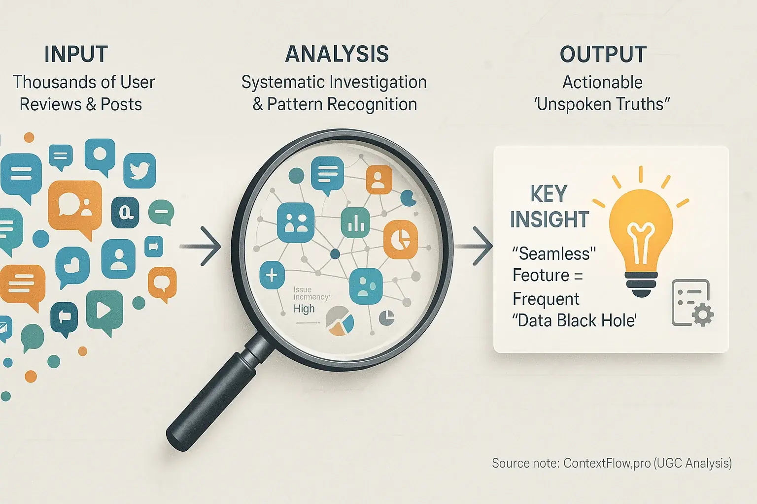 ContextFlow.pro's UGC analysis: user reviews magnified into data (charts), yielding insights (lightbulb) on what works.