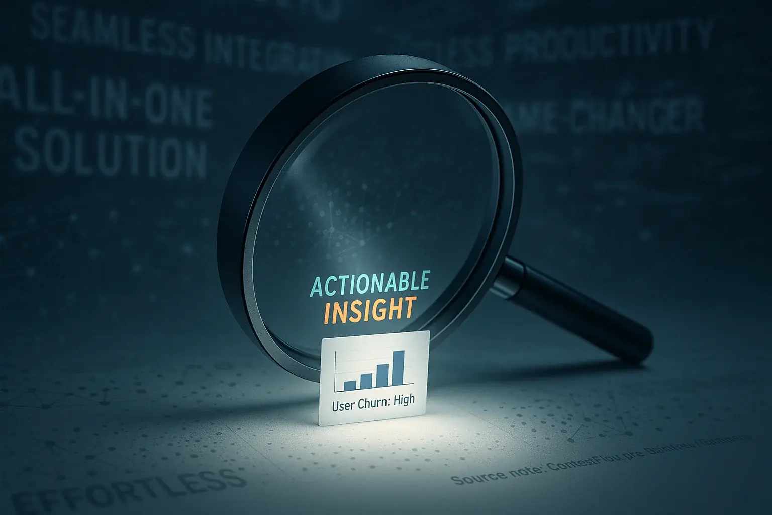 Magnifying glass cuts through marketing hype to reveal clear, actionable hybrid work truths within complex data.