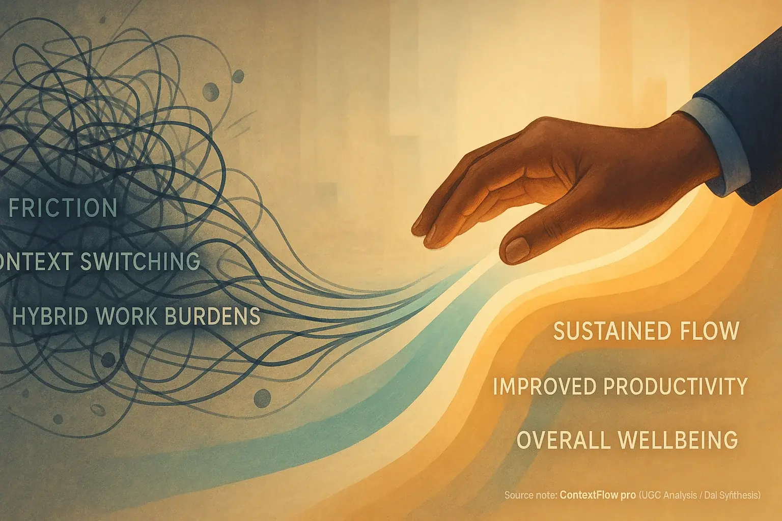 Human hand gently guides a complex workflow to a smooth path, illustrating how we unfriction your hybrid work journey.