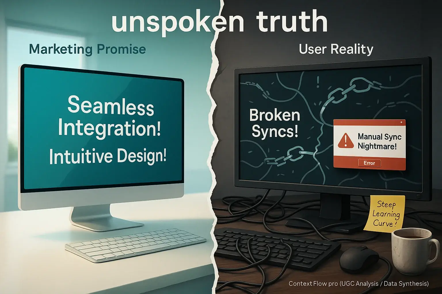 Split infographic: Hybrid tool marketing's 'seamless' claims vs. user's 'broken syncs' reality, exposing the truth.