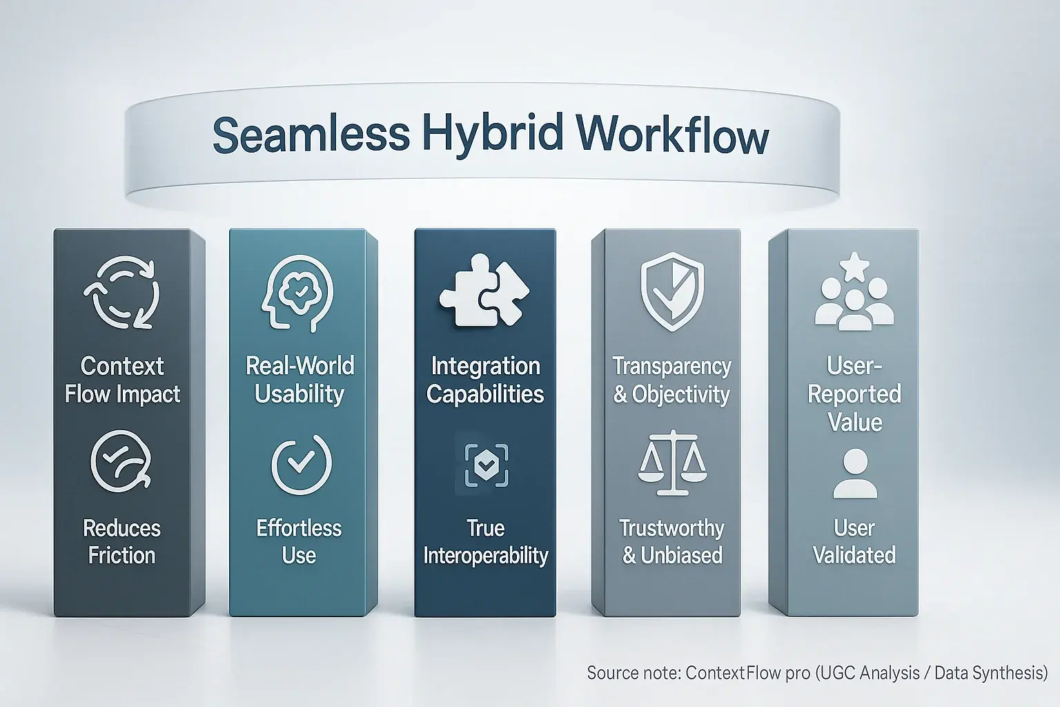 Infographic: 5 pillars (icon & text) detail 5 core criteria for an effective, seamless hybrid workflow. Source noted.
