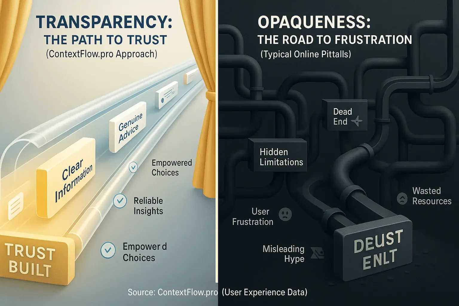 Infographic: Clear pathways of transparent information flow build trust; opaque, blocked pathways signify trust's erosion.
