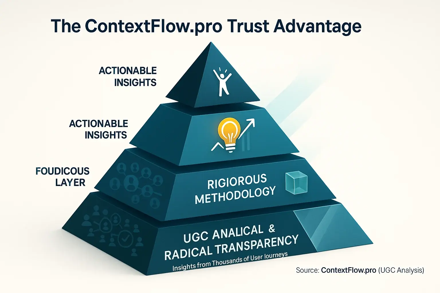 ContextFlow.pro Trust Pyramid: UGC Analysis & Transparency build trust, leading to Actionable Insights & User Success.