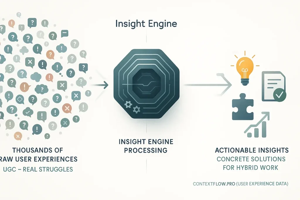 Abstract infographic: ContextFlow's Insight Engine transforming raw user feedback into actionable hybrid work insights.