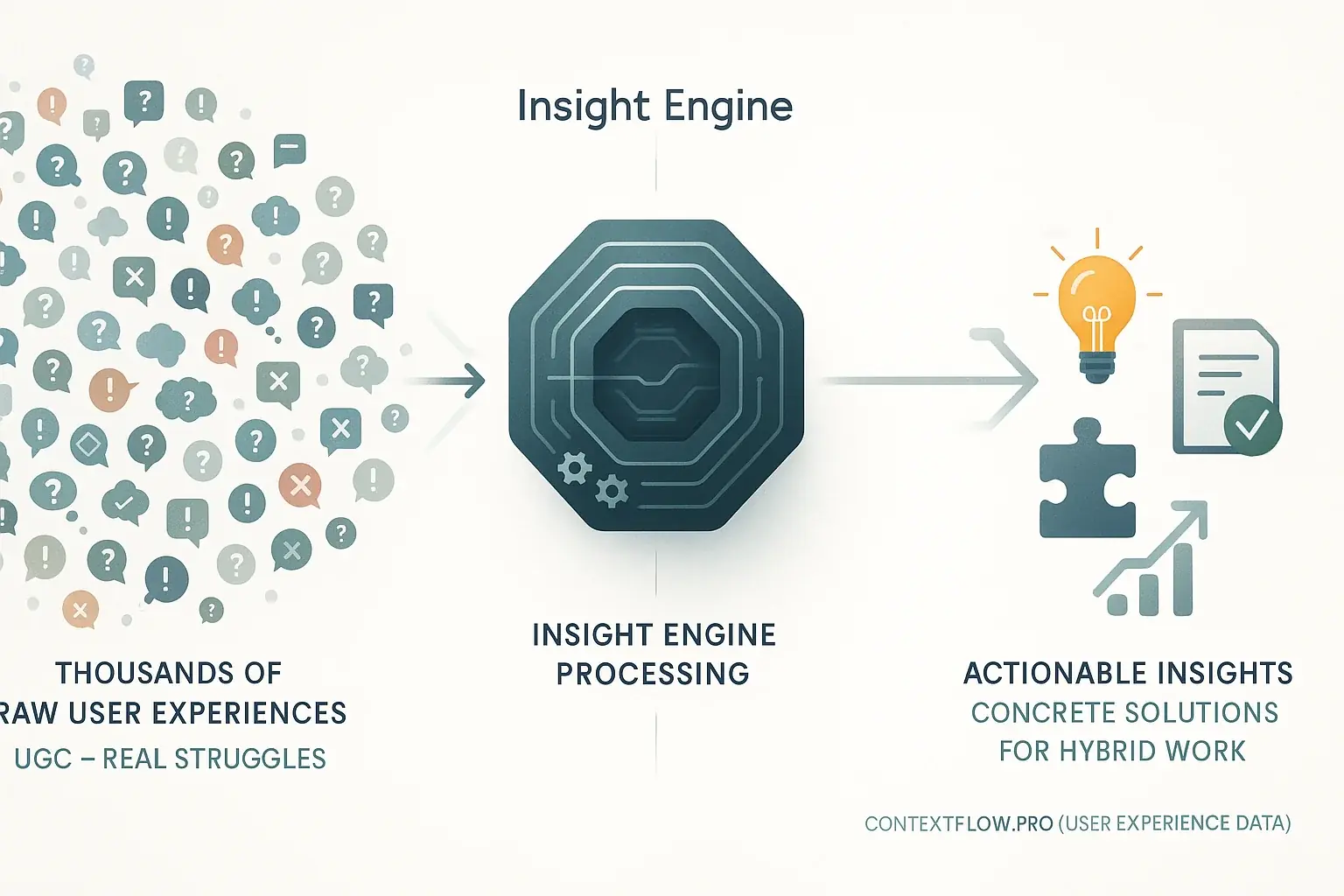 Abstract infographic: ContextFlow's Insight Engine transforming raw user feedback into actionable hybrid work insights.