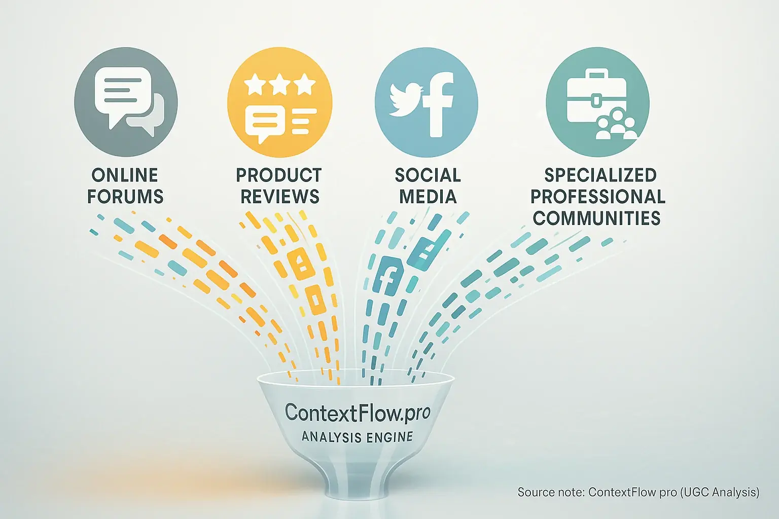 Diverse user content from forums, reviews, and social media icons streams into an analysis funnel, illustrating data
