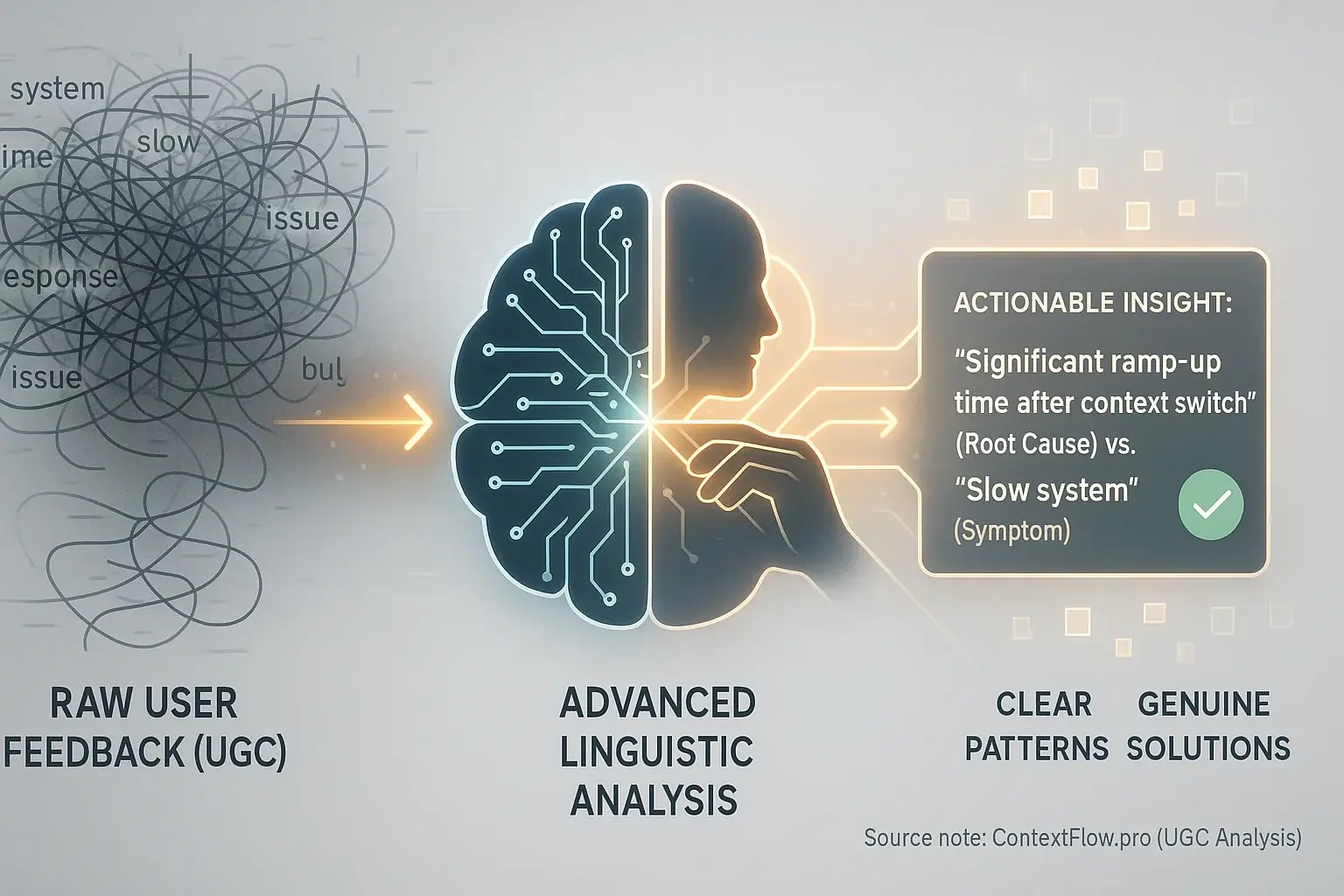 Raw data transforms via brain-like network into structured patterns and actionable hybrid work insights.