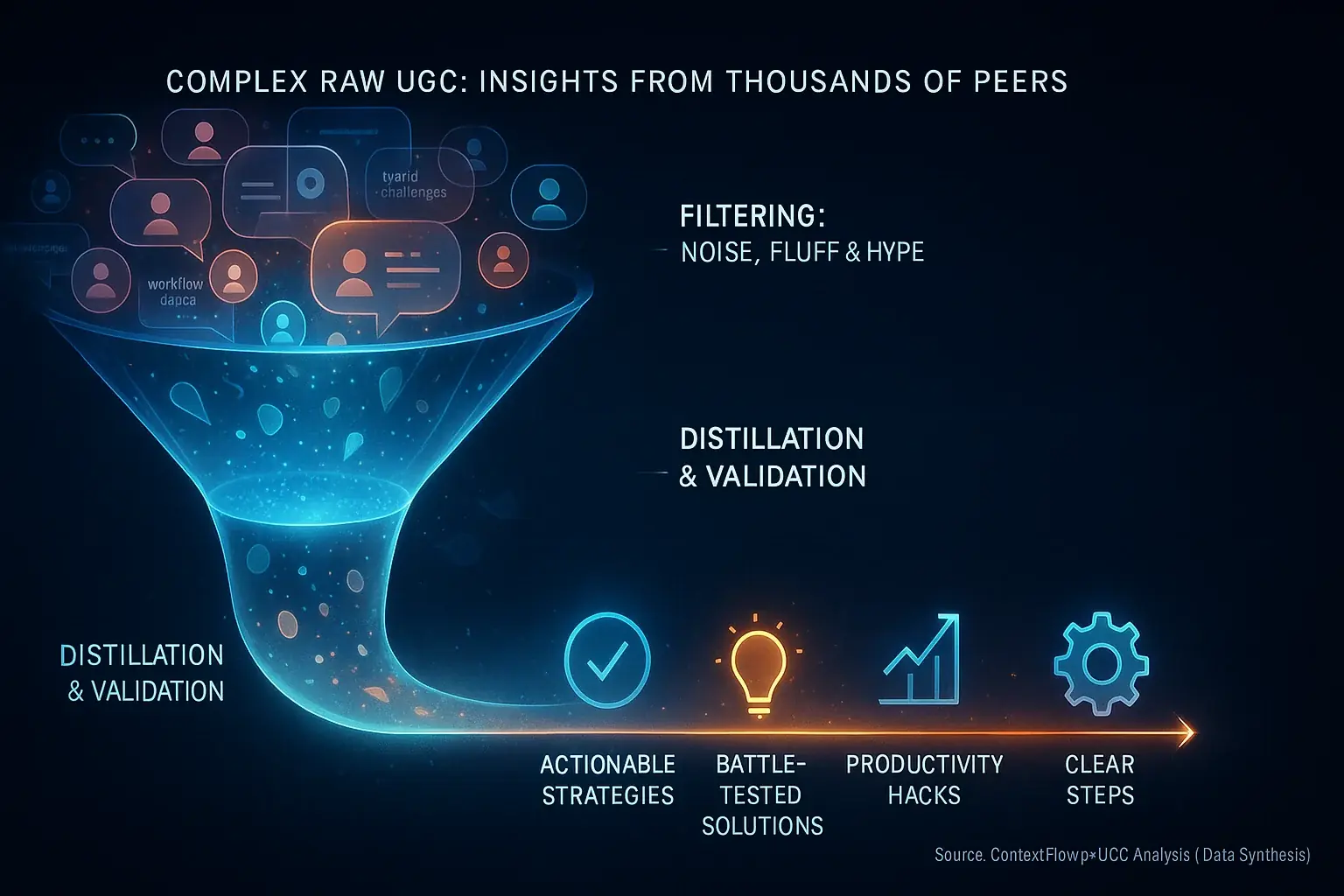 Funnel infographic visualizing the path from complex raw UGC to simplified, actionable solutions.