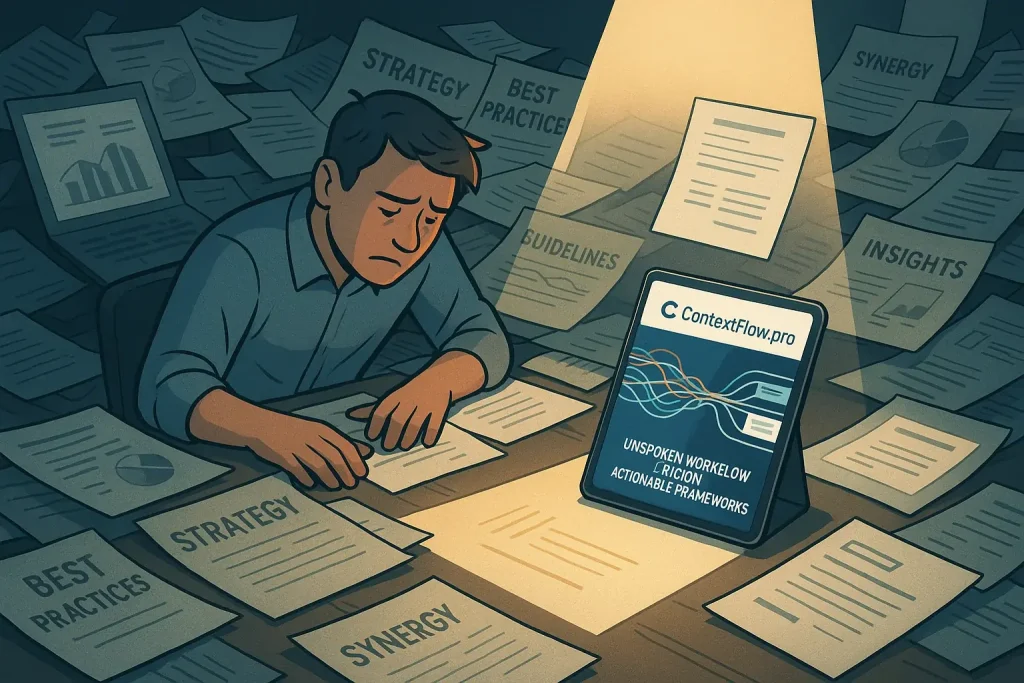 ContextFlow.pro's guiding light breaks through document clutter, illuminating a path for a frustrated hybrid worker.