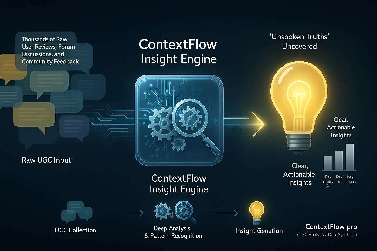 ContextFlow.pro's Insight Engine: Raw reviews (clouds) to structured data (charts) to clear hybrid work insights (lightbulb).