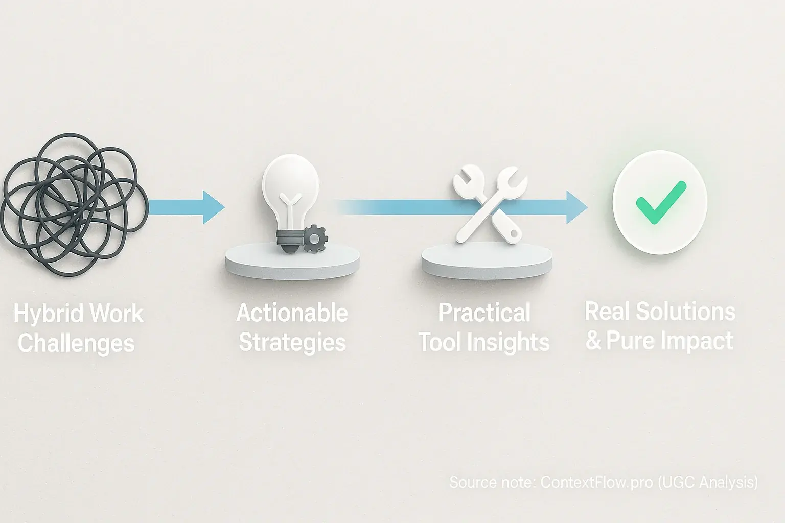 Clear, actionable path from tangled problem to straight solution, with strategy & tool icons as stepping stones.
