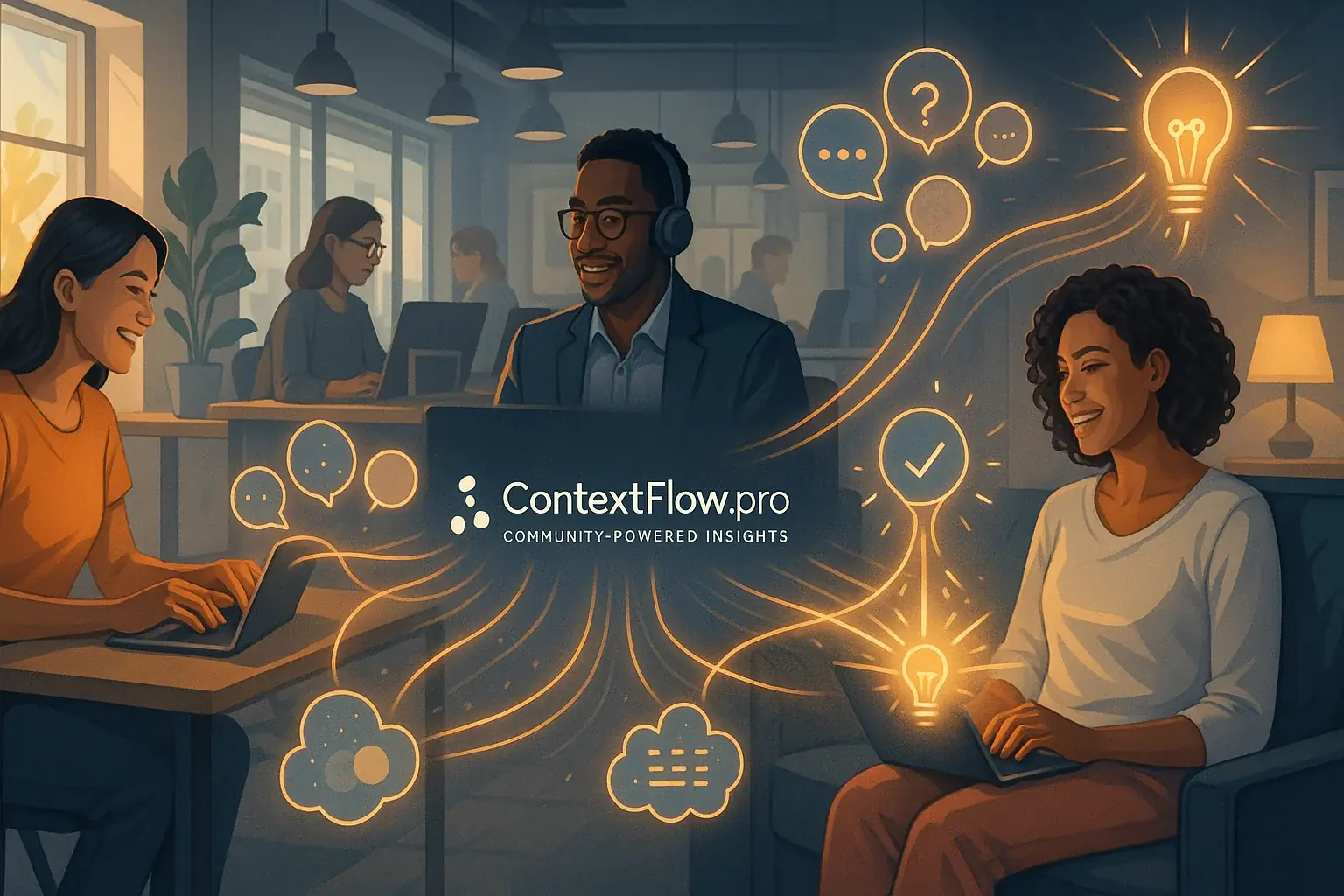 Diverse hybrid work masters in varied settings, collaborating via a glowing network. ContextFlow.pro community.