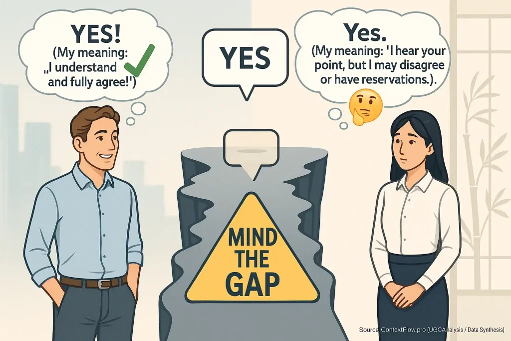 Infographic: Diverse figures, differing thought bubbles show misunderstanding—'Mind the Gap' in cross-cultural communication.