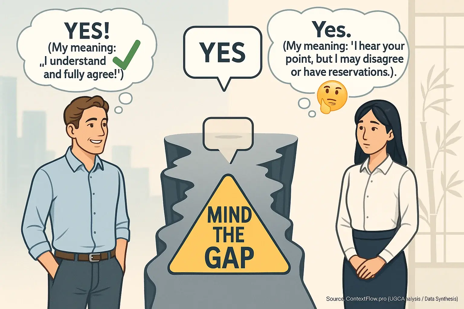 Infographic: Diverse figures, differing thought bubbles show misunderstanding—'Mind the Gap' in cross-cultural communication.