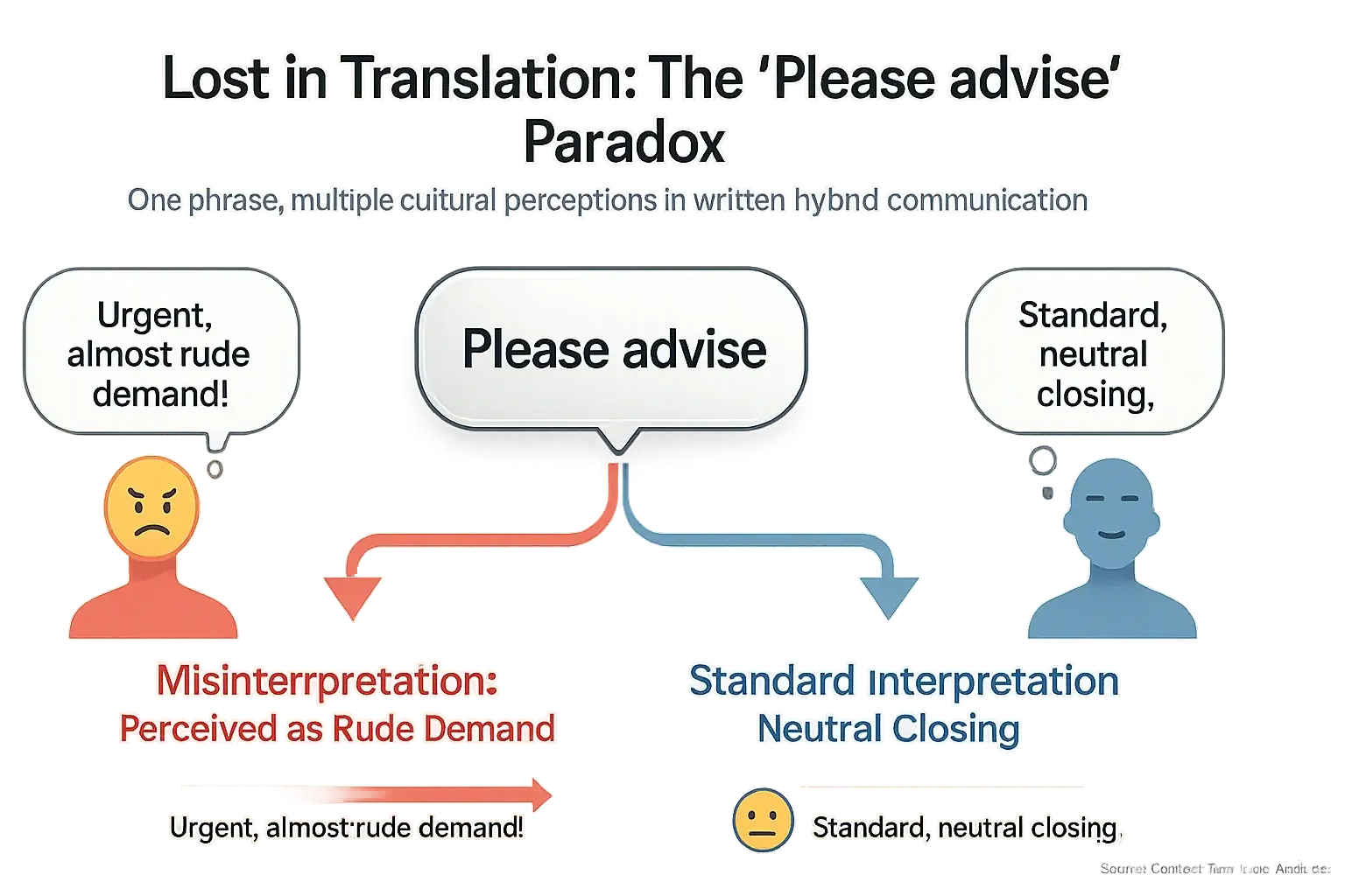 Infographic: Sent phrase, cultural thought bubbles show misinterpretations; arrows show lost-in-translation miscommunication.