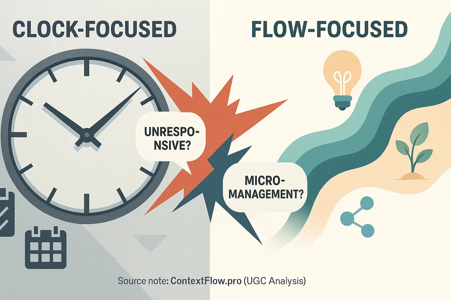 Infographic: Rigid clock (clock-focused) vs. flowing river (flow-focused) work styles clash, shown by conflict arrows.