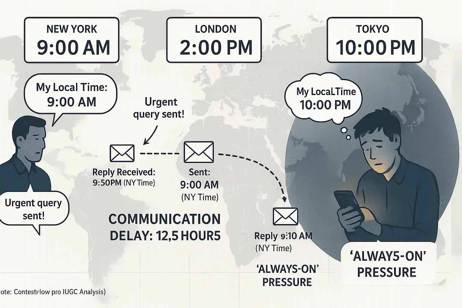 World map with clocks depicting figures across time zones, showing communication delays and 'always-on' work pressure.