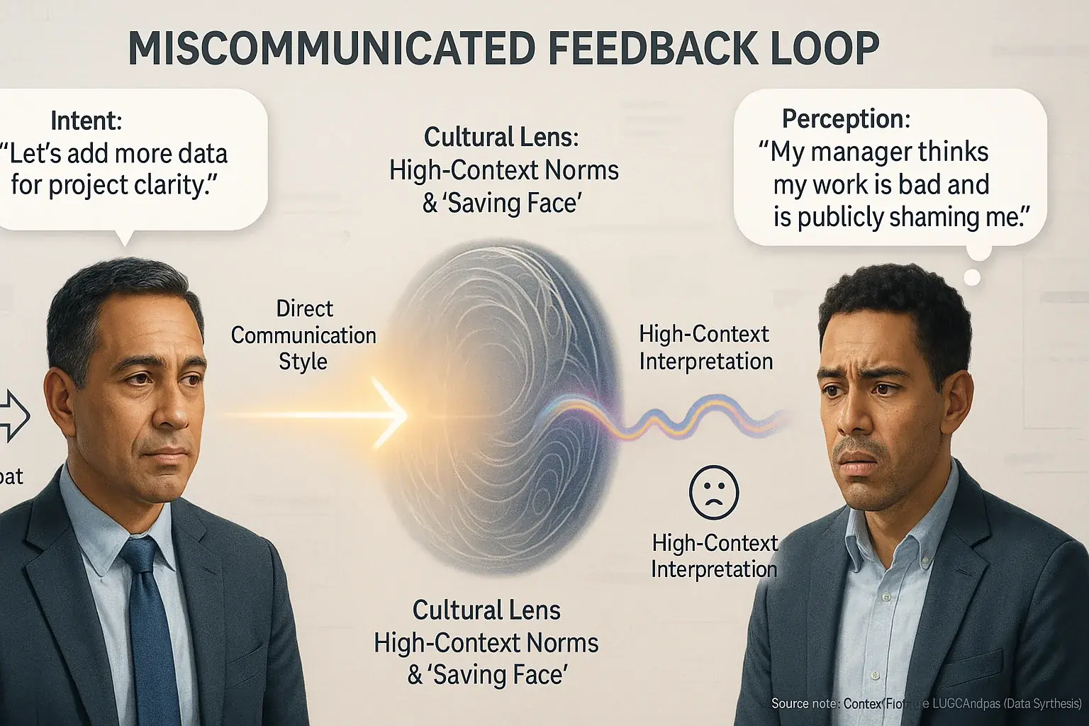Infographic: Feedback loop. Cultural filters & communication styles cause sender's intent to be misinterpreted by receiver.