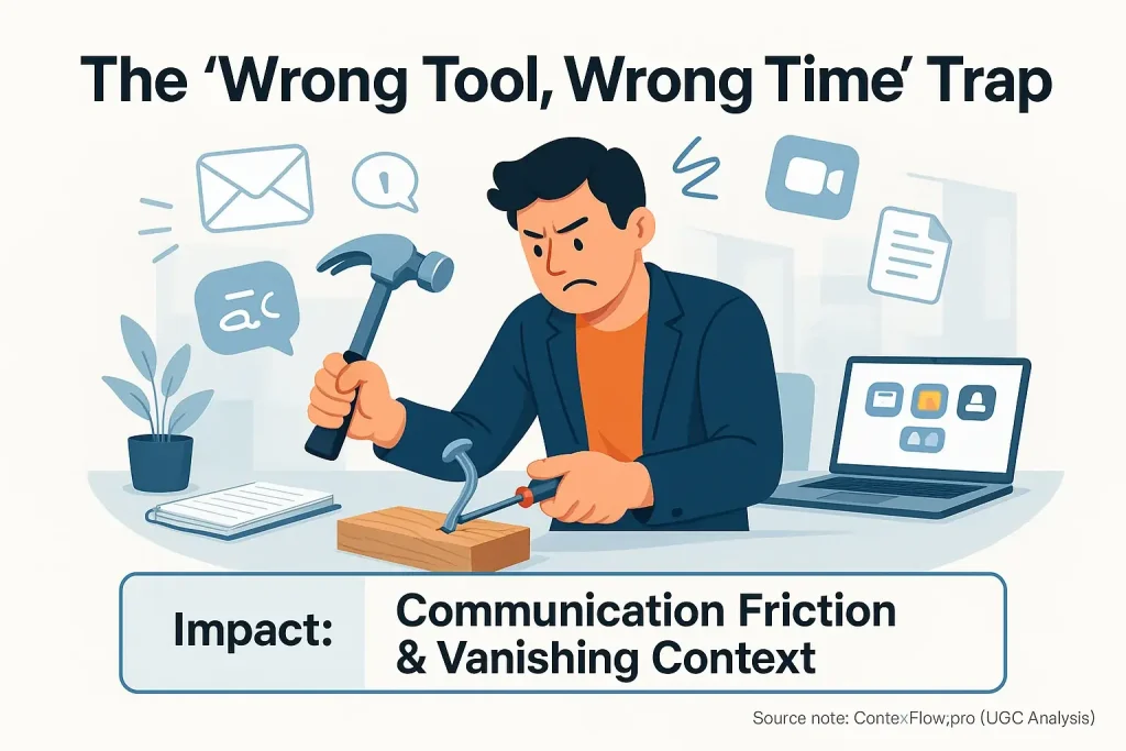 Infographic: Mismatched tools, like a fork for soup, illustrate the 'wrong tool, wrong time' trap for hybrid teams.