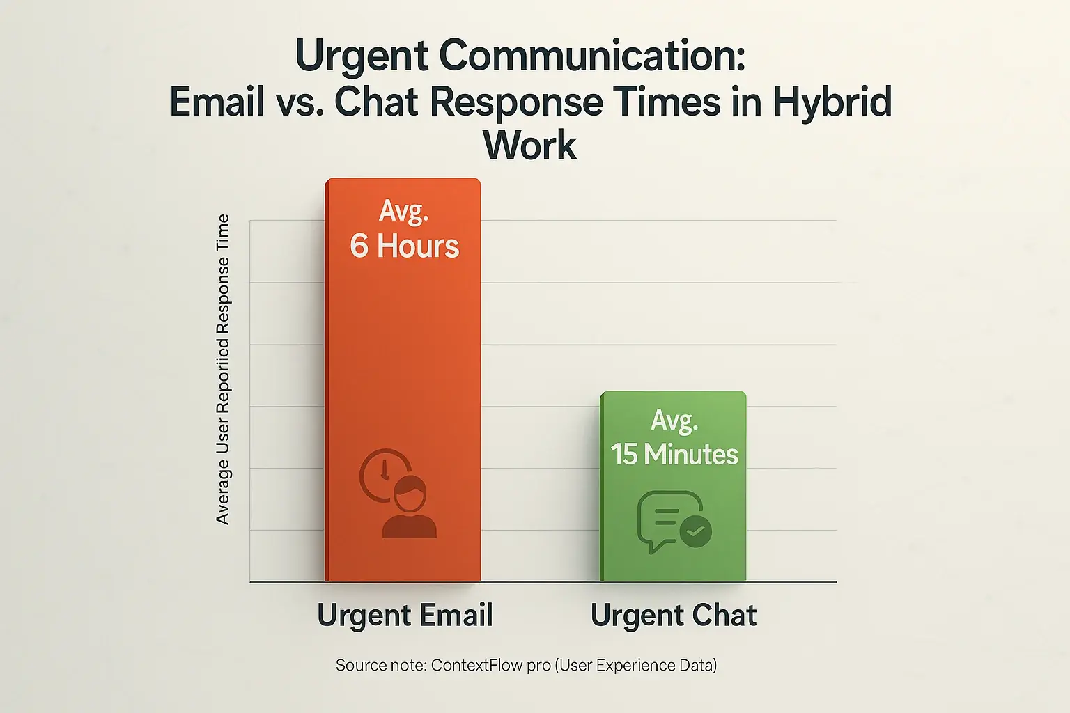 Bar chart: In hybrid work, urgent chats far outpace urgent emails in user-reported response times, showing email's lag.