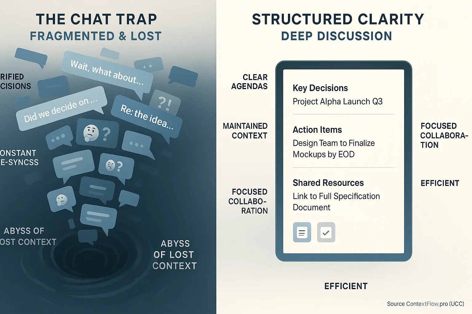 Infographic: Disconnected chat bubbles from quick pings show lost context, unlike clear, structured complex discussions.