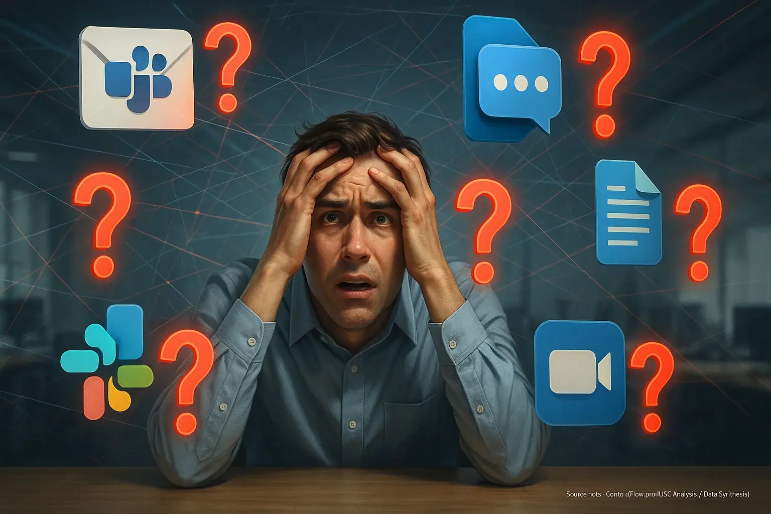Confused team member with many app icons & question marks, highlighting frustration from unclear tool guidelines.