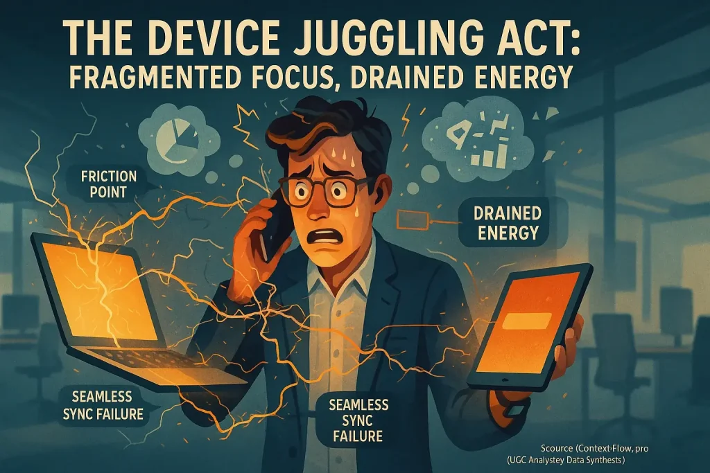 Infographic: 'The Device Juggling Act' shows a person juggling devices, leading to fragmented focus and drained energy.