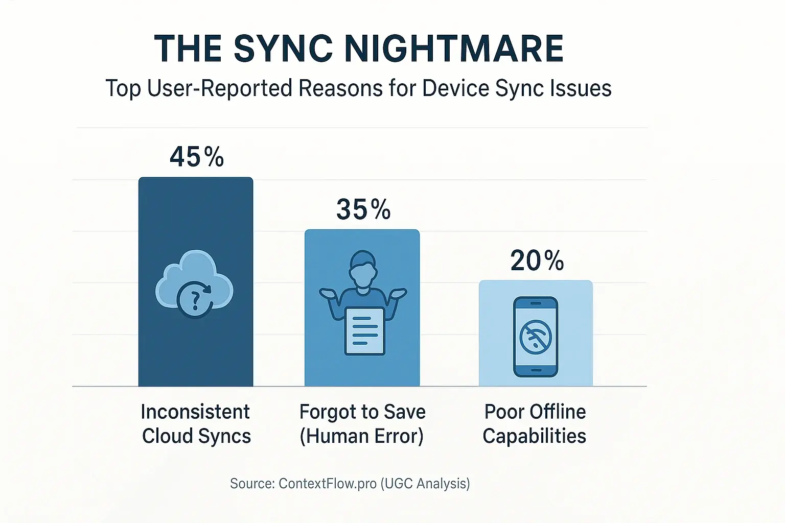 Bar chart: Top 3 user-reported reasons for device sync nightmares: Cloud Sync Failures, Human Error, App Inconsistency