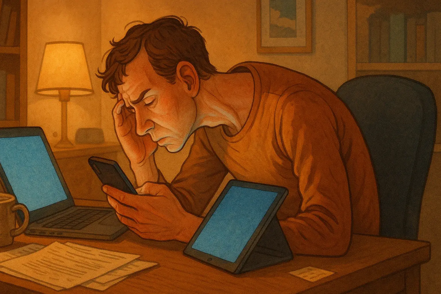 Worker contorting at desk with multiple devices, suffering tech neck & eye strain; a multi-device ergonomic nightmare.
