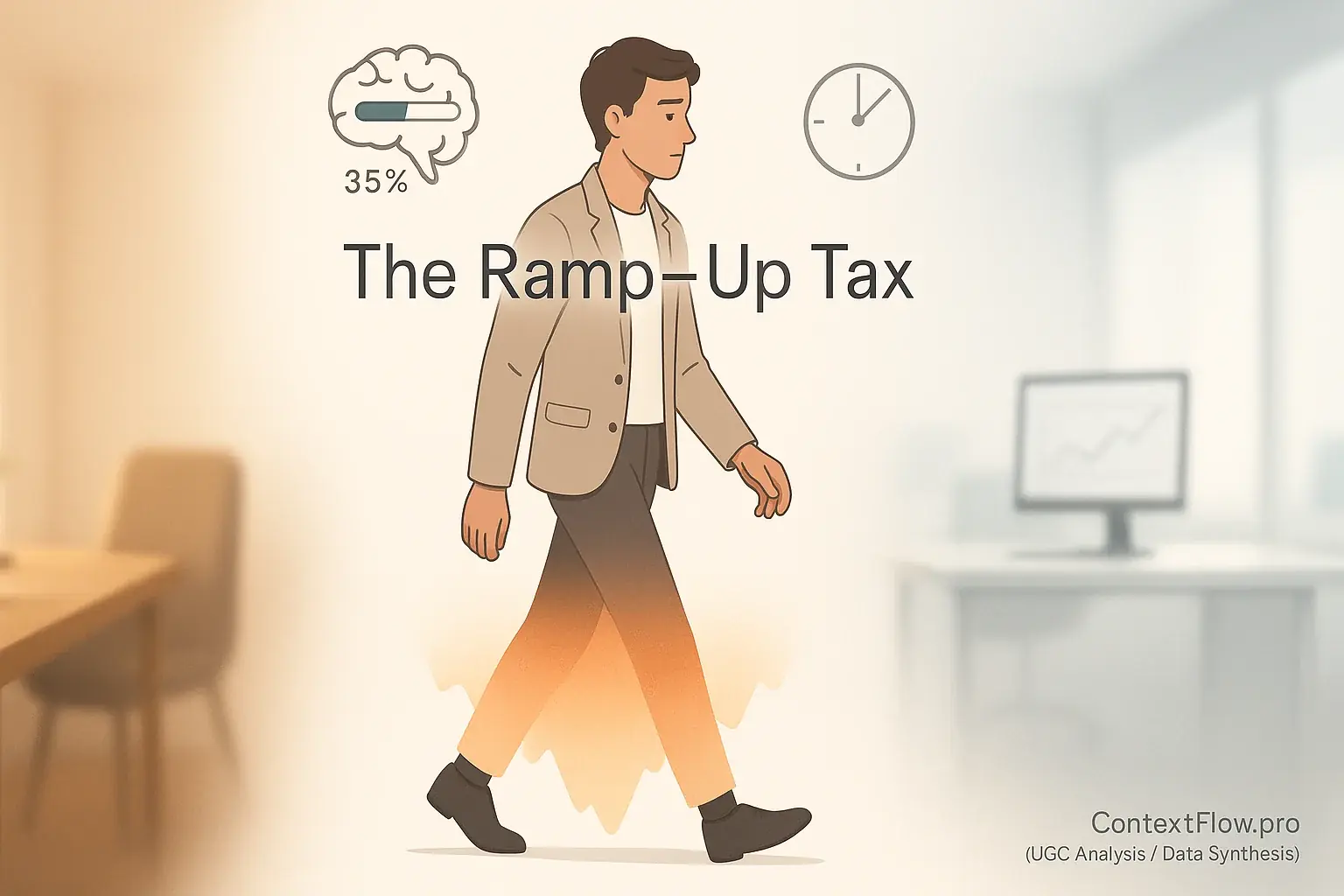 Hybrid worker transitions home/office; clock & brain loading bar illustrate ramp-up tax draining daily energy.