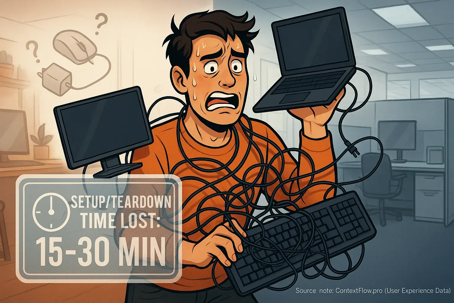 Stressed hybrid worker juggles laptop, monitor, keyboard, cables for home/office, showing physical toll of gear juggling.