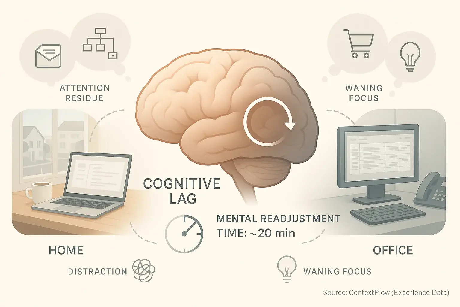 Brain with loading icon symbolizes its reboot, illustrating cognitive lag and the mental readjustment time from new