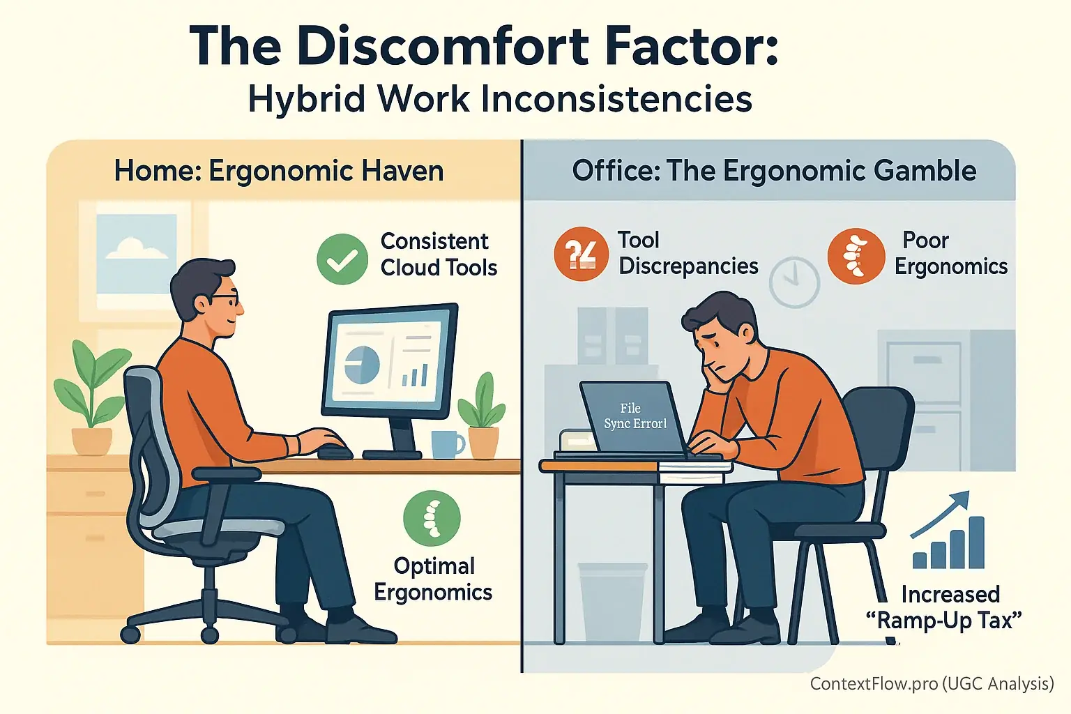Schematic: Uncomfortable home worker (kitchen table, laptop) vs. comfortable office worker (ergonomic desk, monitor).