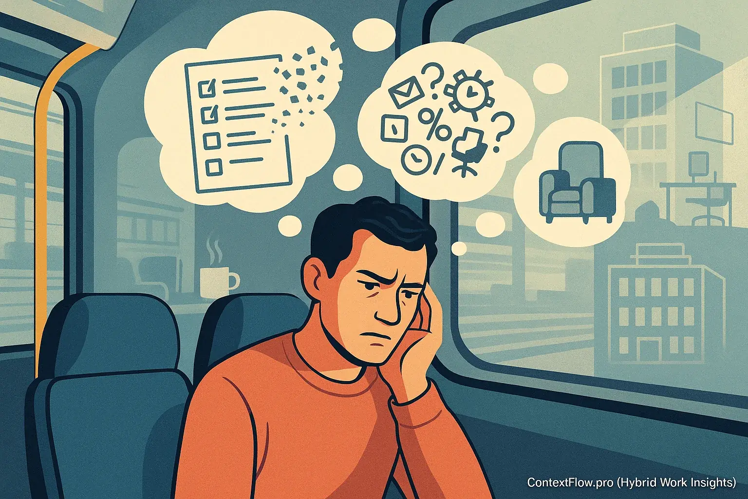 Commuter's mind: thought bubbles of fragmented tasks show stress, illustrating 'hidden commute' context loss.