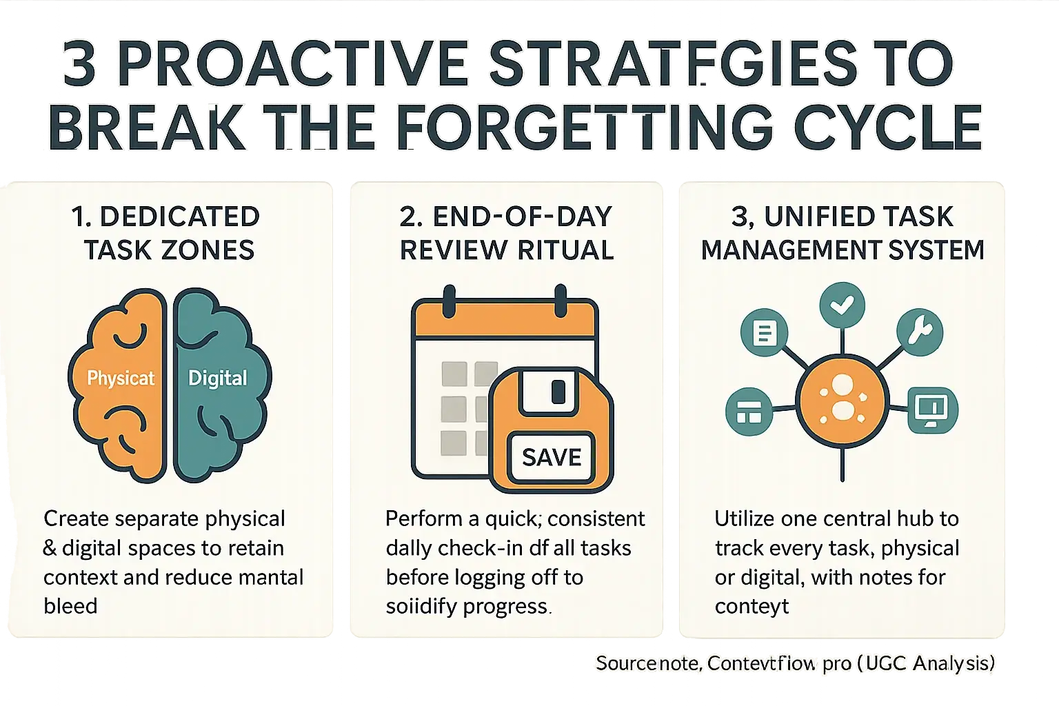 Infographic: 3 proactive strategies with icons (task zones, review ritual, unified system) to break the forgetting cycle.